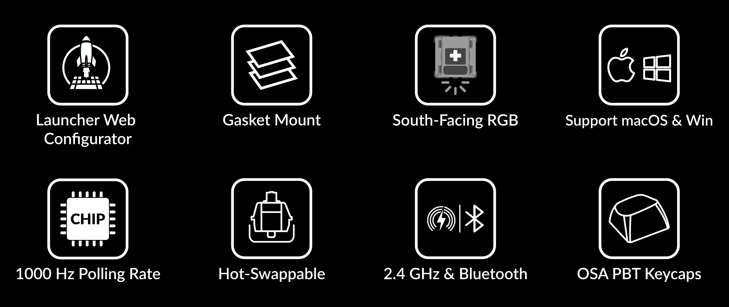 Das Bild zeigt Symbole mit Text: Launcher Web Configurator, Gasket Mount, South-Facing RGB, Support macOS & Win, 1000 Hz Polling.