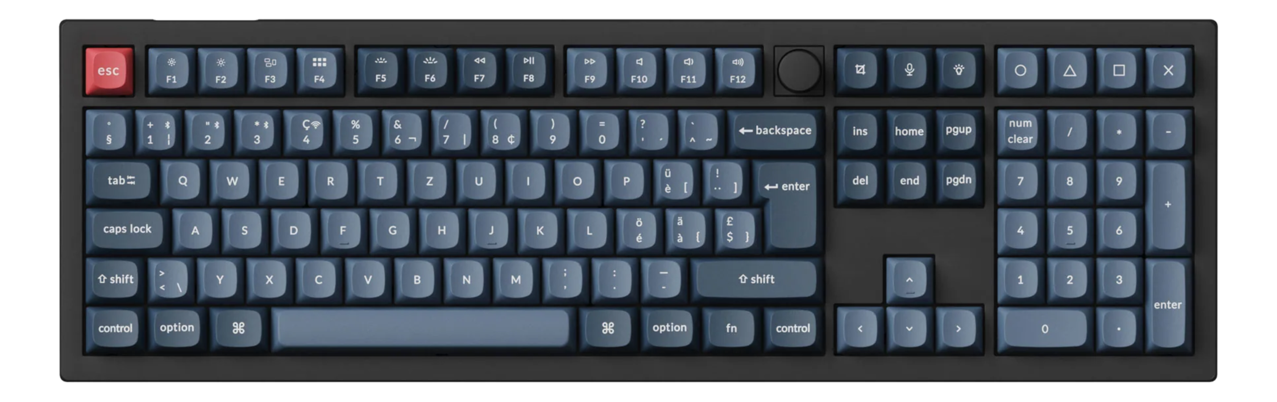 Dunkelblaue Tastatur mit weißen Buchstaben und Symbolen. Rote Escape-Taste. Standard-Layout mit Nummernblock.
