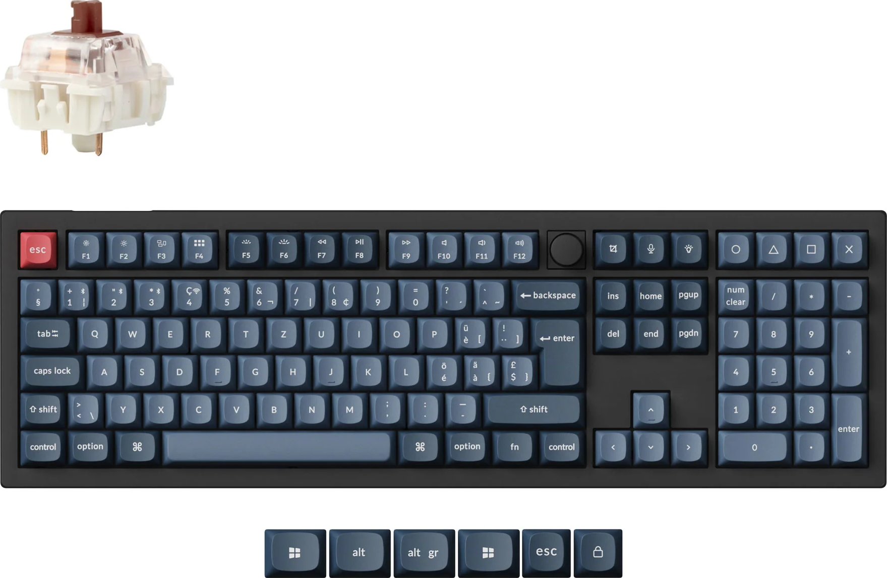 Eine mechanische Tastatur mit dunkelblauen Tasten und einer roten Escape-Taste, mit einem Schalter oben links.