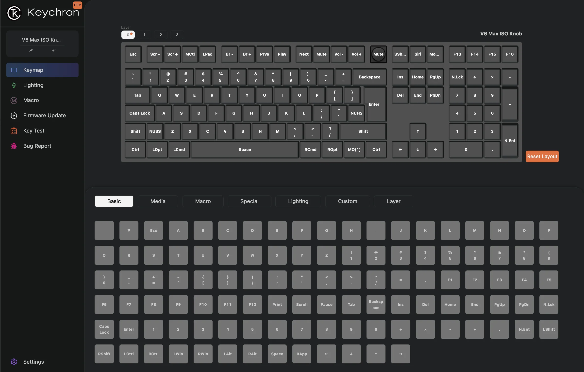 Tastaturlayout-Oberfläche, die Tasten und Funktionen mit einem dunklen Thema zeigt. Optionen umfassen Keymap, Beleuchtung und Makroeinstellungen.