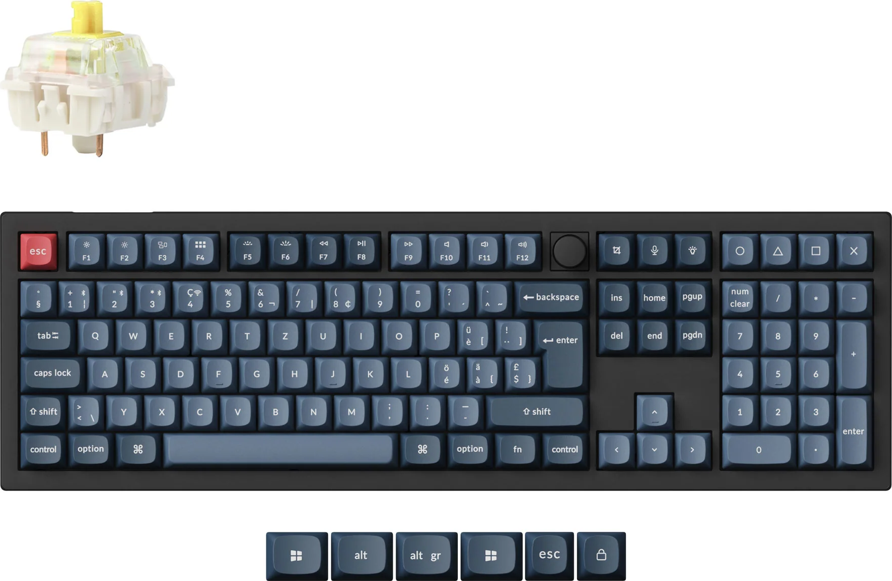 Eine mechanische Tastatur mit blauen Tasten, rotem ESC und einem gelb gekrönten Schalter. Das Layout umfasst Zahlen und Buchstaben.