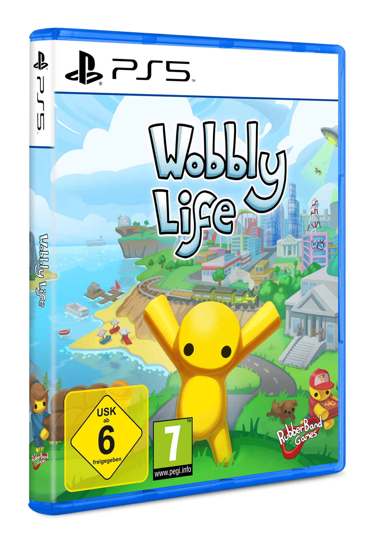 PS5-Spiel-Box-Art. Eine gelbe Figur mit offenen Armen steht vor einer Cartoon-Stadt und einem Strand. Titel: Wobbly Life.