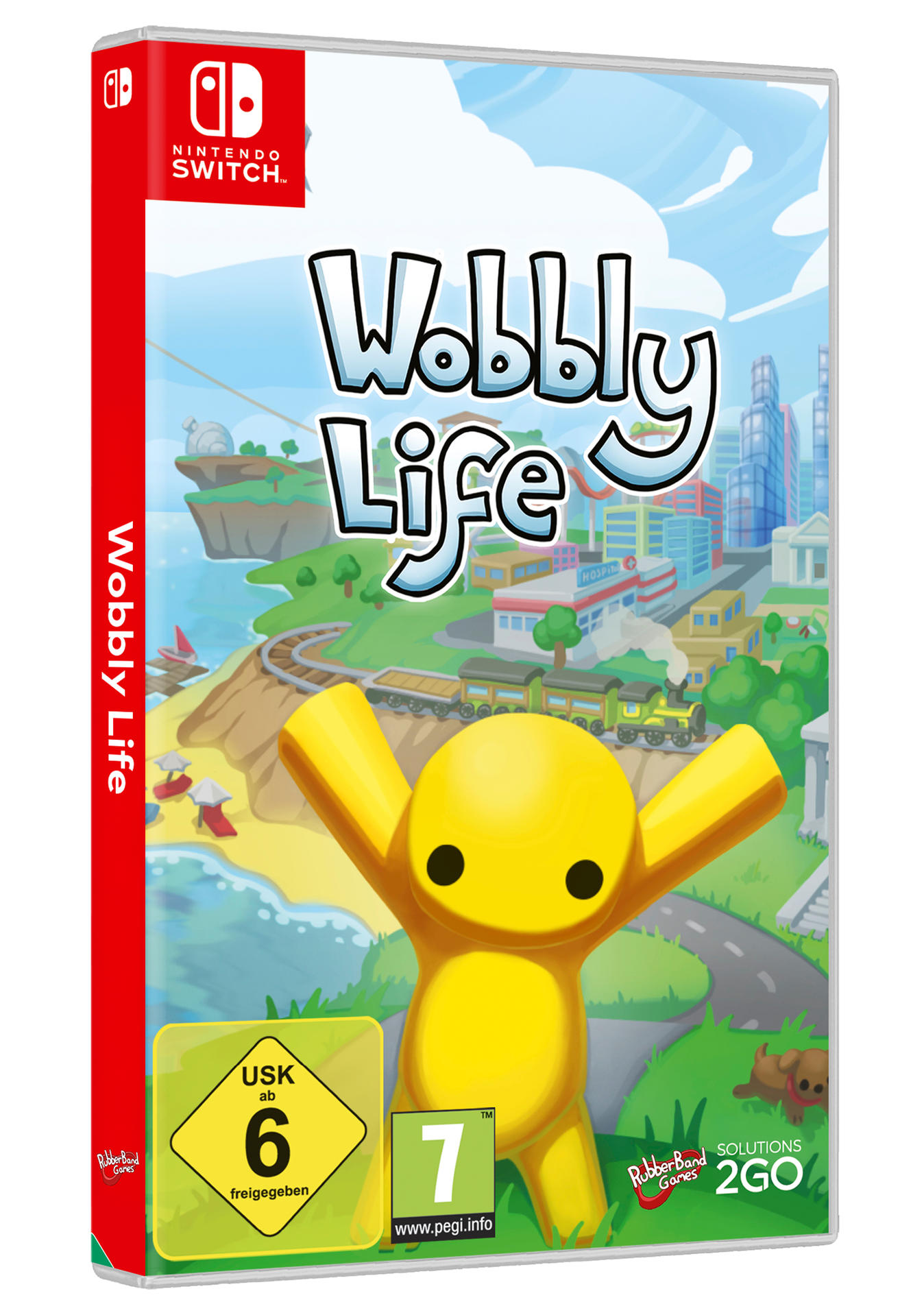 Spielhülle von Wobbly Life. Eine gelbe Figur mit erhobenen Armen steht vor einer Cartoon-Stadt und Landschaft.