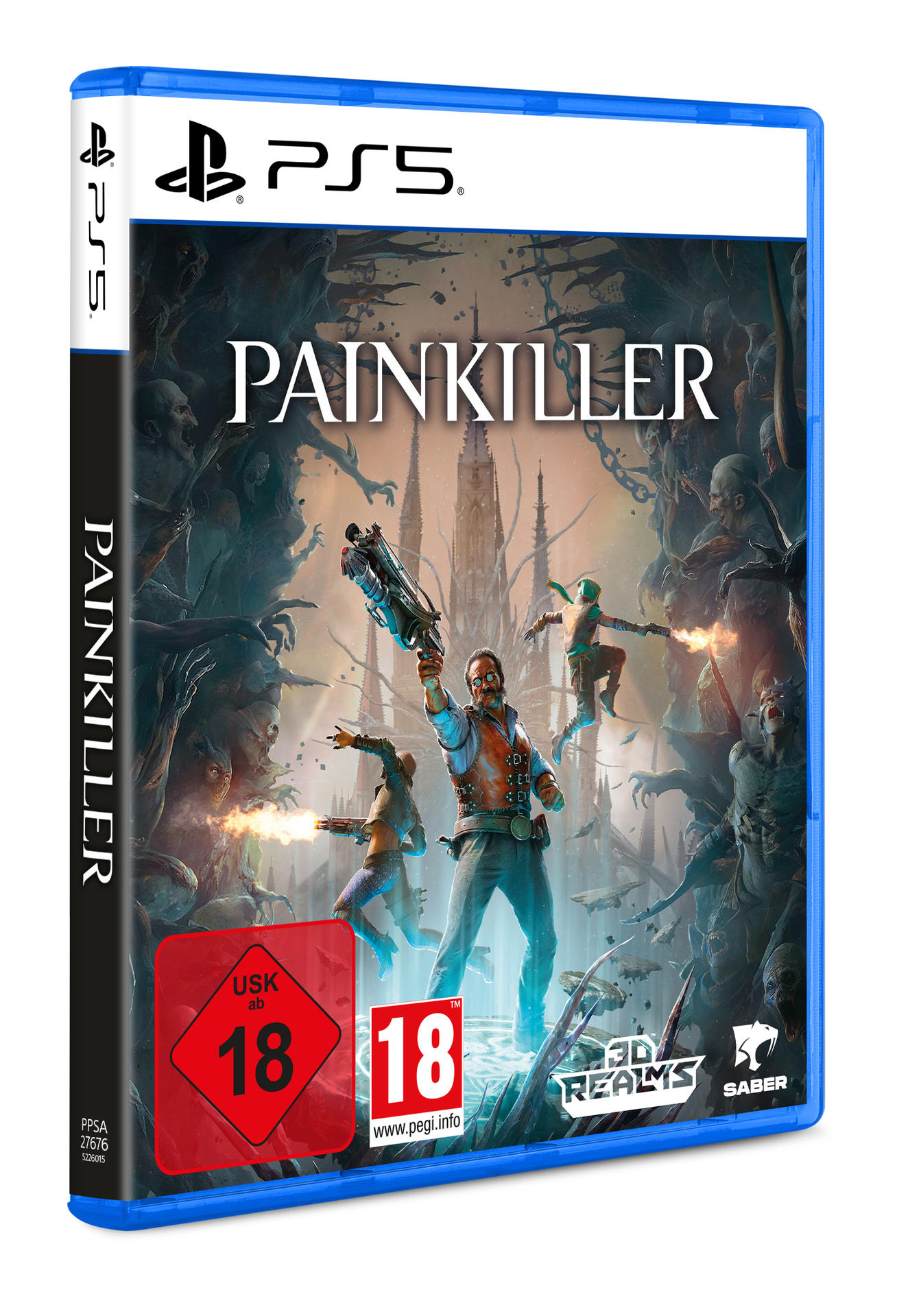 Painkiller PS5-Spielbox. Mann mit Waffe, Zombies und gotische Burg im Hintergrund. Bewertung 18.