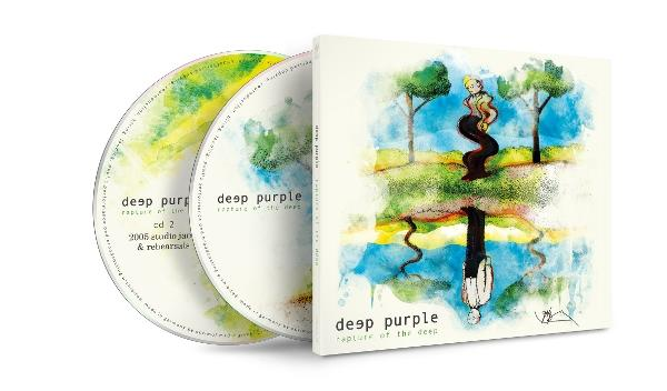 Deep Purple album borítója CD-kkel. A művészet egy vízben tükröződő alakot ábrázol, fákkal és a 'Rapture of the Deep' szöveggel.