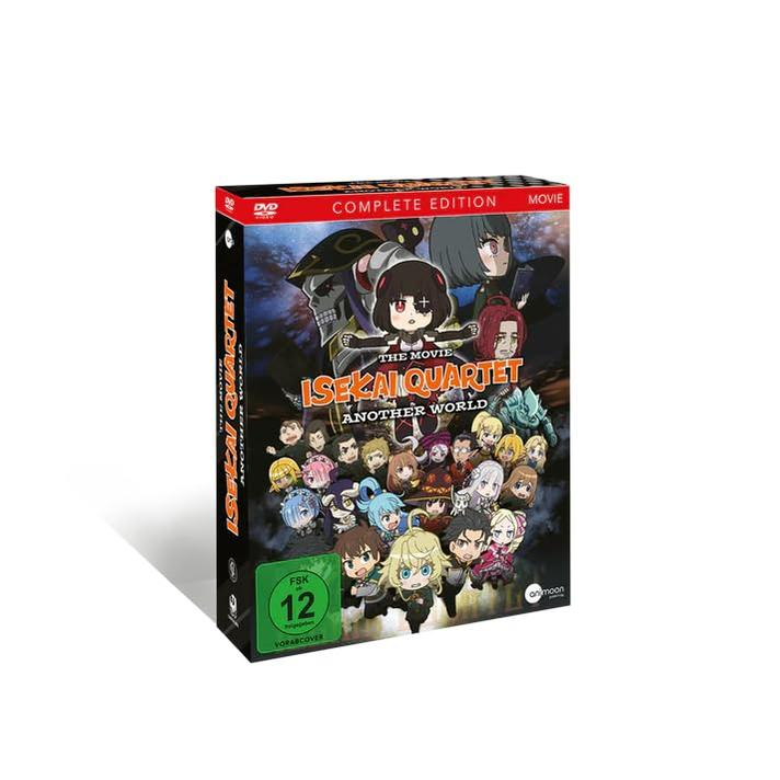 DVD-Box-Art für den Film "Isekai Quartet: Another World". Zeigt eine Gruppe von Anime-Charakteren, Titeltext und eine Altersfreigabe '12'.