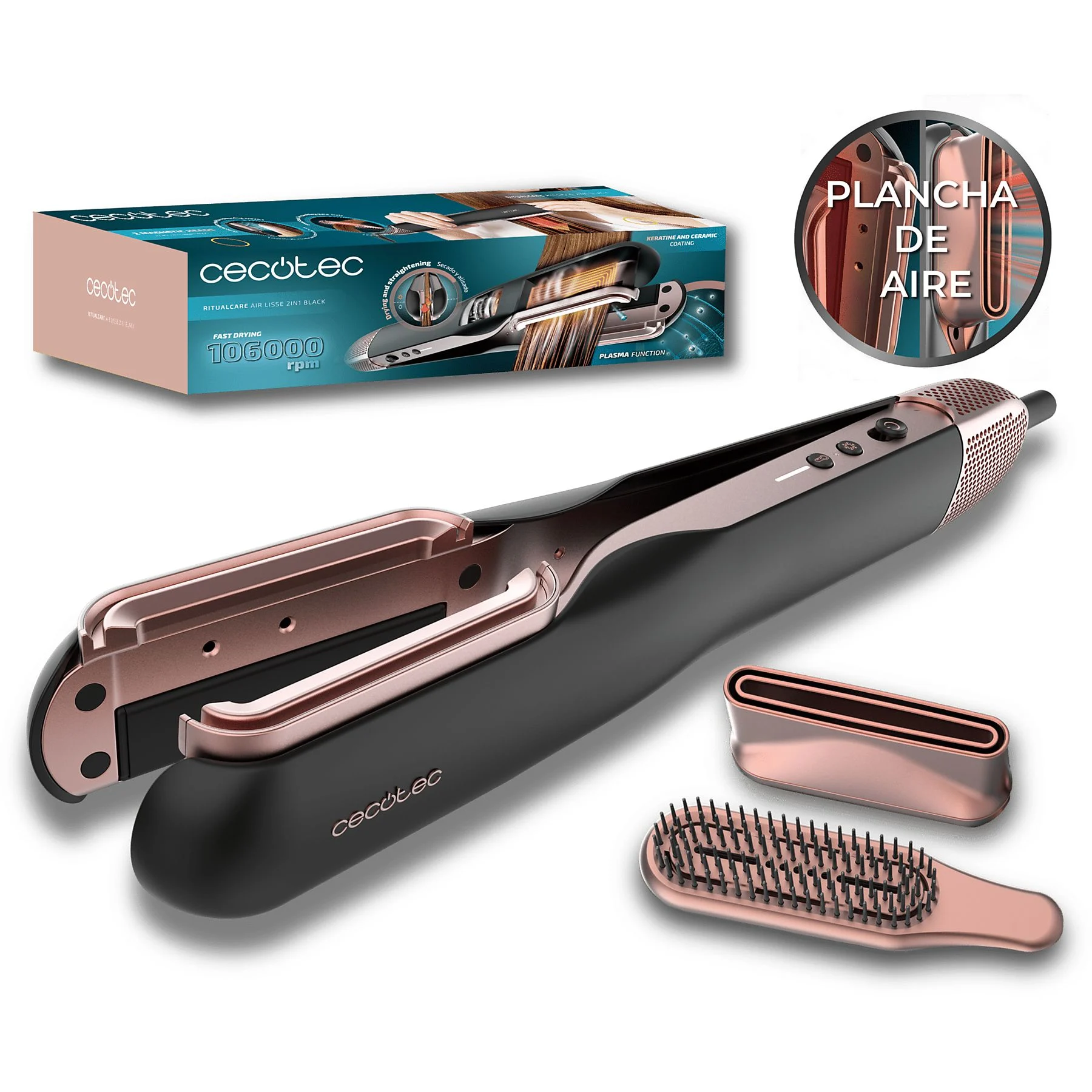 Czarna i różowo-złota prostownica do włosów z akcesoriami. Pudełko w tle z informacjami o stylizacji włosów.