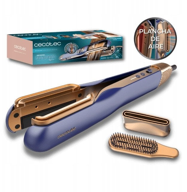Niebiesko-złota prostownica do włosów z akcesoriami, pudełkiem i schematem na białym tle. Marka to Cecotec.