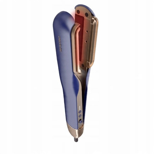 Niebiesko-złota prostownica do włosów jest otwarta. Płytki grzewcze są czerwone. Urządzenie jest na białym tle.