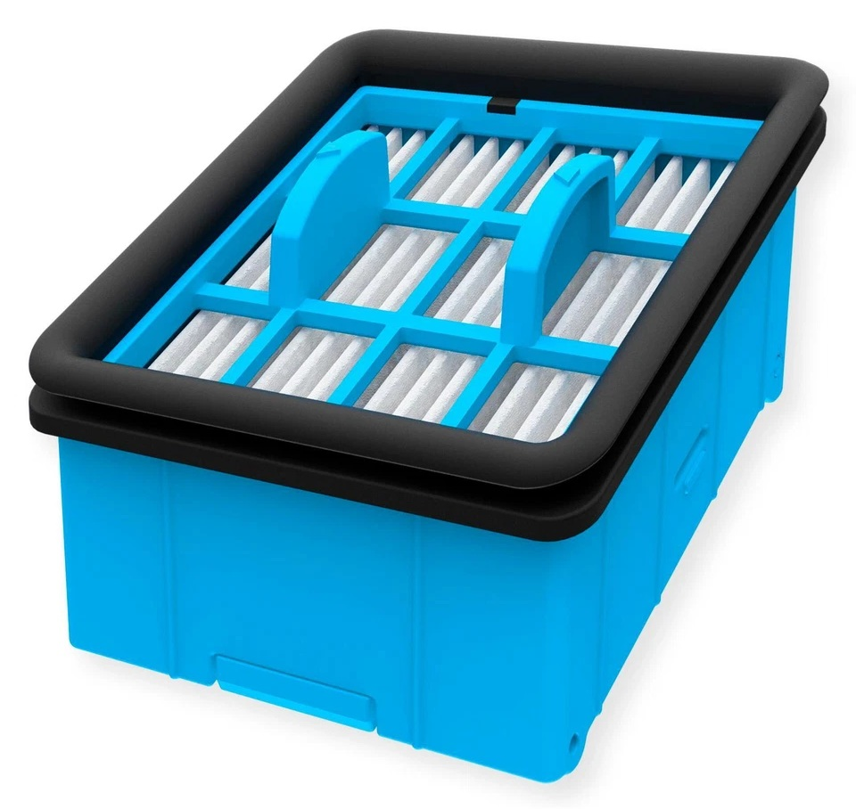 Niebiesko-czarne pudełko filtra. Ma czarną ramę, niebieską strukturę wewnętrzną i biały materiał filtrujący.