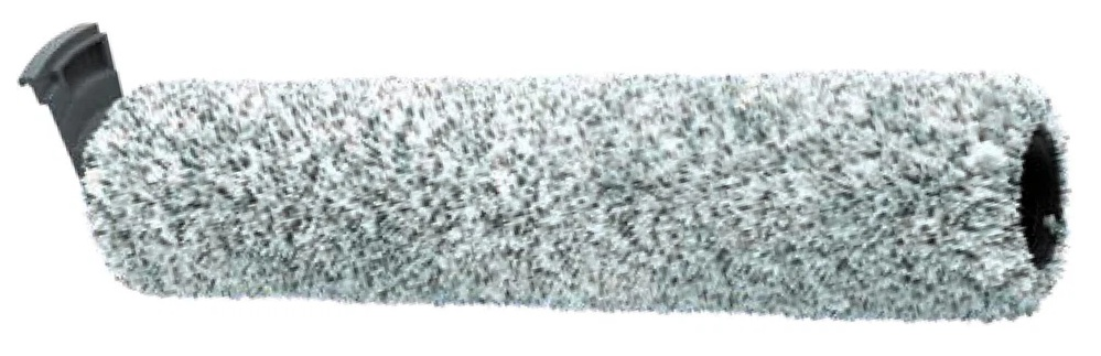 Wałek malarski z szarą, puszystą powierzchnią i czarnym uchwytem i końcówką na białym tle.