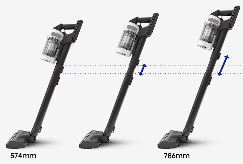 Trzy czarne odkurzacze z białymi cylindrami. Środek pokazuje regulację długości ze strzałkami i liczbami 574 mm i 786 mm.