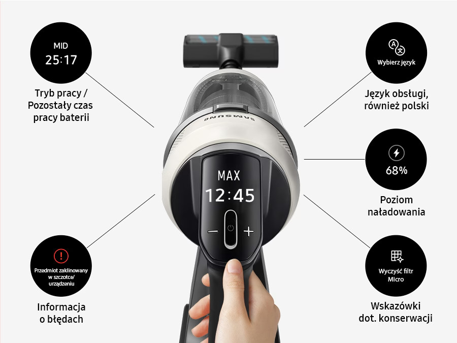 Wyświetlacz odkurzacza pokazujący czas, żywotność baterii i komunikaty o błędach. Zawiera również ustawienia języka i wskazówki dotyczące konserwacji.