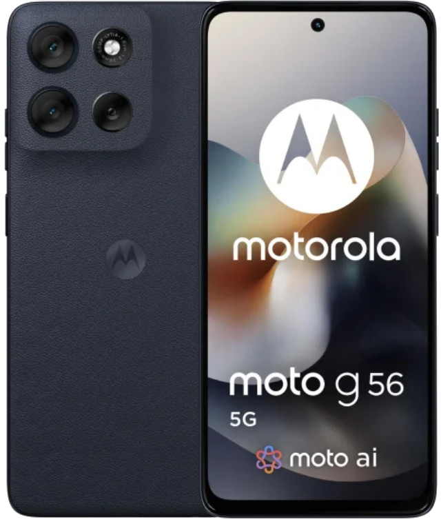 Smartfon Motorola Moto G56 5G. Jest granatowy, z logo Motorola. Ekran wyświetla logo Motorola i szczegóły modelu.