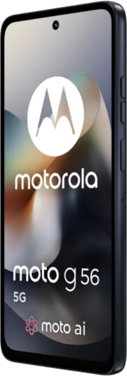 Czarny telefon Motorola Moto G 56 5G. Ekran wyświetla logo Motorola i tekst 'moto g 56 5G' z 'moto ai'.