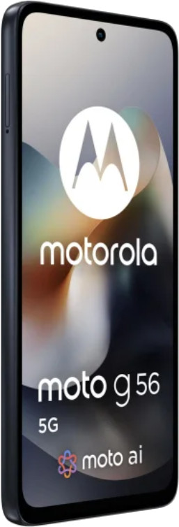 Czarny smartfon Motorola Moto G 56 5G, ekran wyświetla logo marki i nazwę modelu.