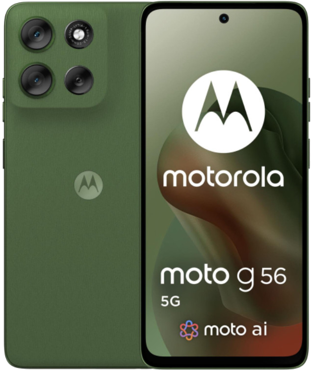 Zielony smartfon Motorola Moto G 56 5G. Cechy: aparat, logo Motorola i informacje o produkcie.