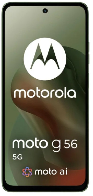 Smartfon Motorola Moto G56 5G. Ekran wyświetla logo Motorola, nazwę urządzenia i logo moto ai. To czarne urządzenie.