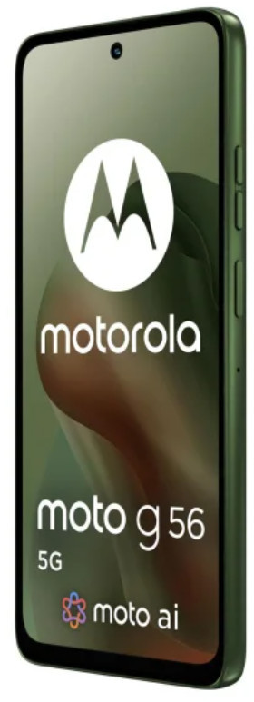 Zielony smartfon Motorola Moto G 56 5G. Ekran wyświetla logo Motorola i szczegóły modelu.