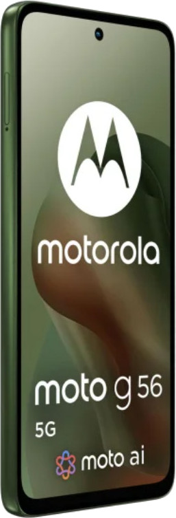 Pokazano telefon Motorola Moto g56 5G. Jest oliwkowozielony z logo Motorola i szczegółami telefonu na ekranie.
