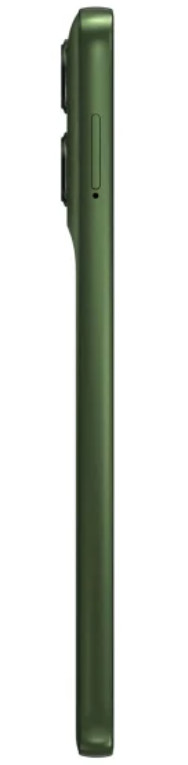 Widok z boku zielonego smartfona. Ma przycisk głośności, tackę SIM i aparat. Tło jest białe.