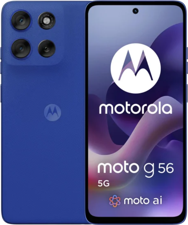 Niebieski smartfon Motorola Moto G 56 5G. Telefon ma ekran wyświetlający logo Motorola i nazwę modelu. Ma cztery tylne aparaty.