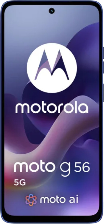 Telefon Motorola Moto G56 5G wyświetla logo, nazwę modelu i funkcje. Telefon ma niebieską ramkę.
