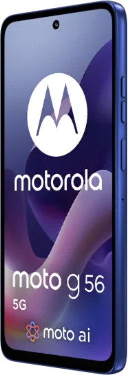 Niebieski smartfon Motorola Moto G 56 5G. Ekran wyświetla logo Motorola, fioletowe tło i nazwę telefonu.