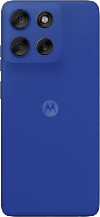 Tył niebieskiego smartfona. Ma cztery obiektywy aparatu u góry i logo Motorola pośrodku. Telefon jest pionowy.