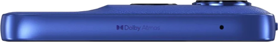 Widok z boku niebieskiego telefonu. Cechy obejmują logo Dolby Atmos, mały otwór i wypukłość aparatu.