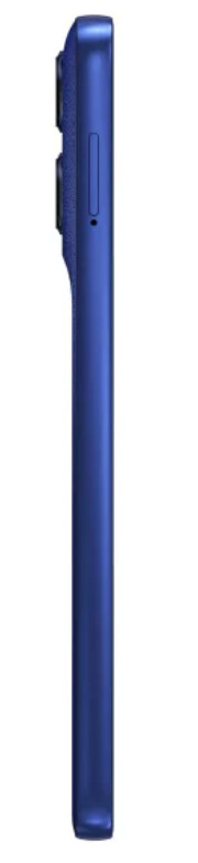 Widok z boku niebieskiego smartfona. Widoczne przyciski i gniazdo karty SIM. Telefon na białym tle.