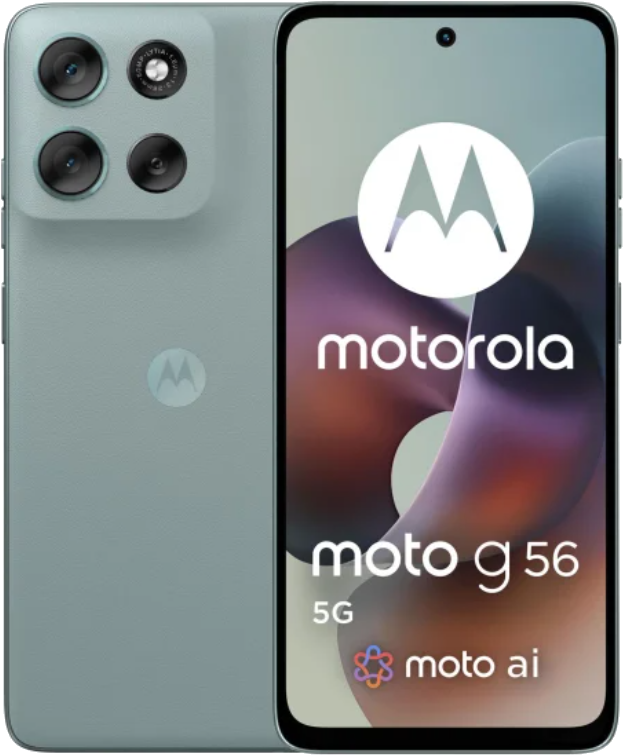 Jasnozielony telefon Motorola. Ekran wyświetla logo Motorola i tekst Moto G 56 5G. Z tyłu obiektywy aparatu.