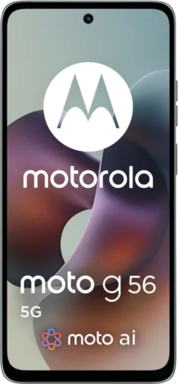 Telefon Motorola Moto G56 5G. Ekran wyświetla logo Motorola i informacje o modelu telefonu na rozmytym tle.