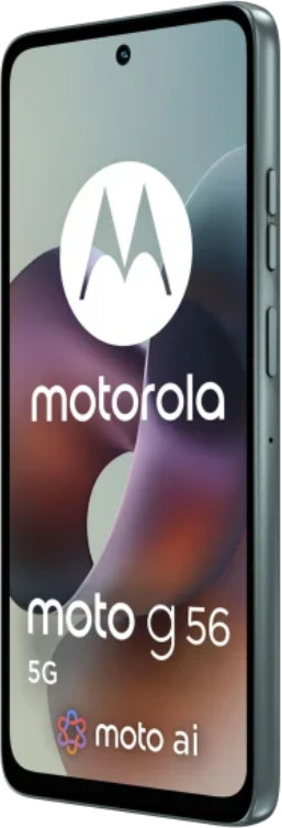 Wyświetlany jest telefon Motorola Moto G 56 5G. Ekran wyświetla logo Motoroli oraz słowa 'moto g 56 5G' i 'moto ai'.