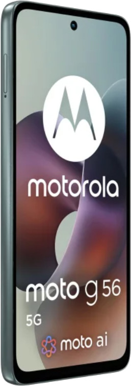 Wyświetlany jest telefon Motorola Moto G 56, z logo Motorola, nazwą modelu i oznaczeniem 5G. Tło ma gradienty kolorów.