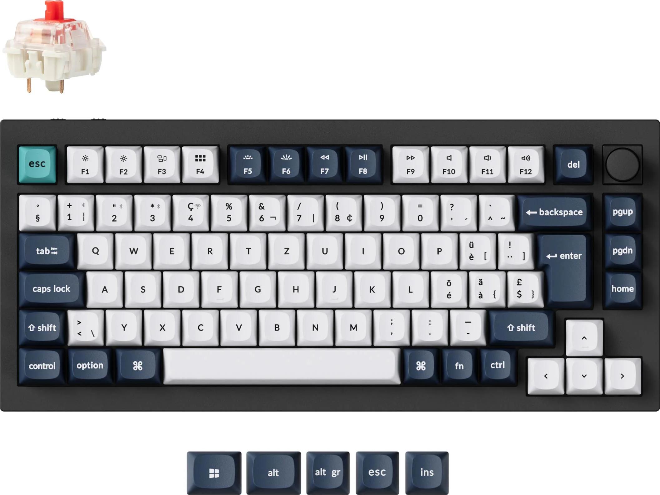 Mechanische Tastatur mit weißen und dunkelblauen Tasten, rotem Schalter und zusätzlichen Tastenkappen.