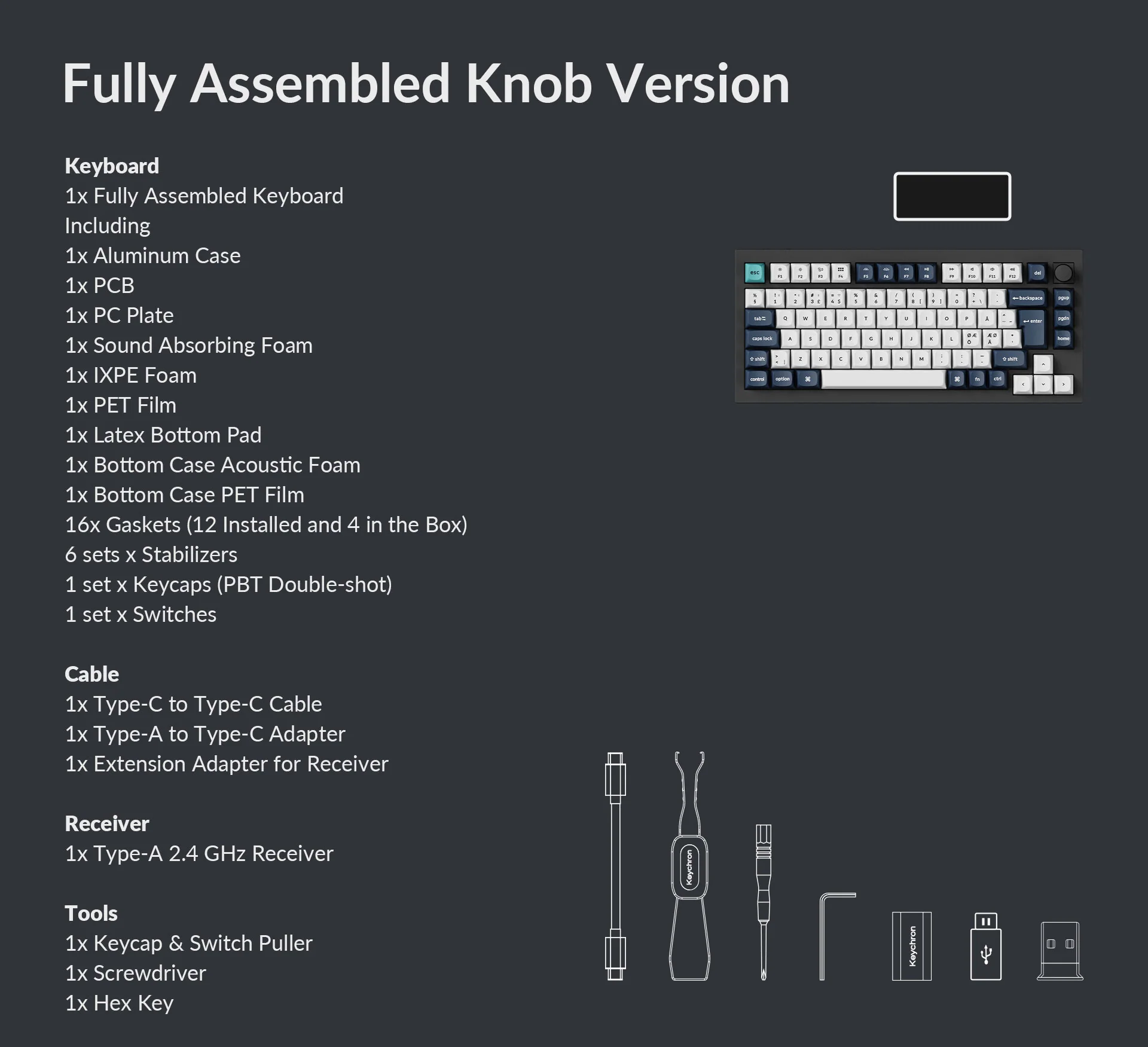Das Bild zeigt eine Tastatur mit Komponenten: Gehäuse, Leiterplatte, Stabilisatoren, Tastenkappen und Schaltern, Kabel, Empfänger und Werkzeuge.