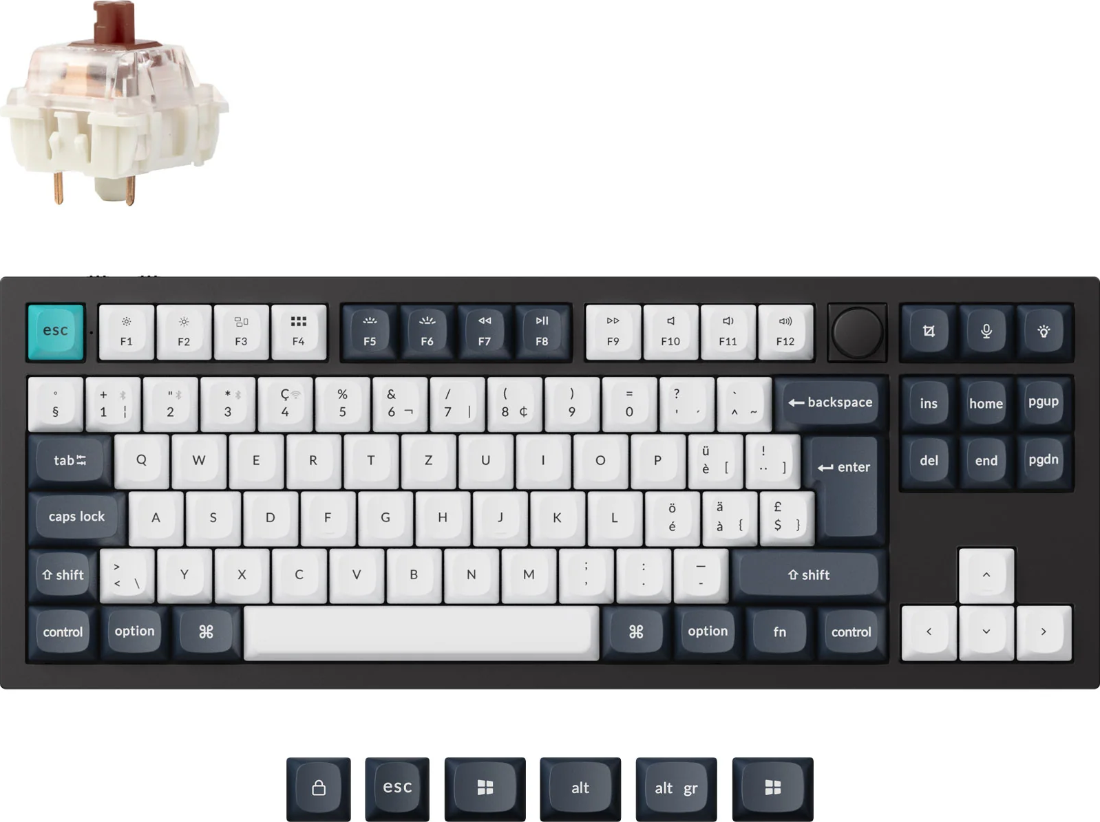 Eine mechanische Tastatur mit weißen und dunkelgrauen Tasten. Oben ist ein Schalter, unten zusätzliche Tasten.