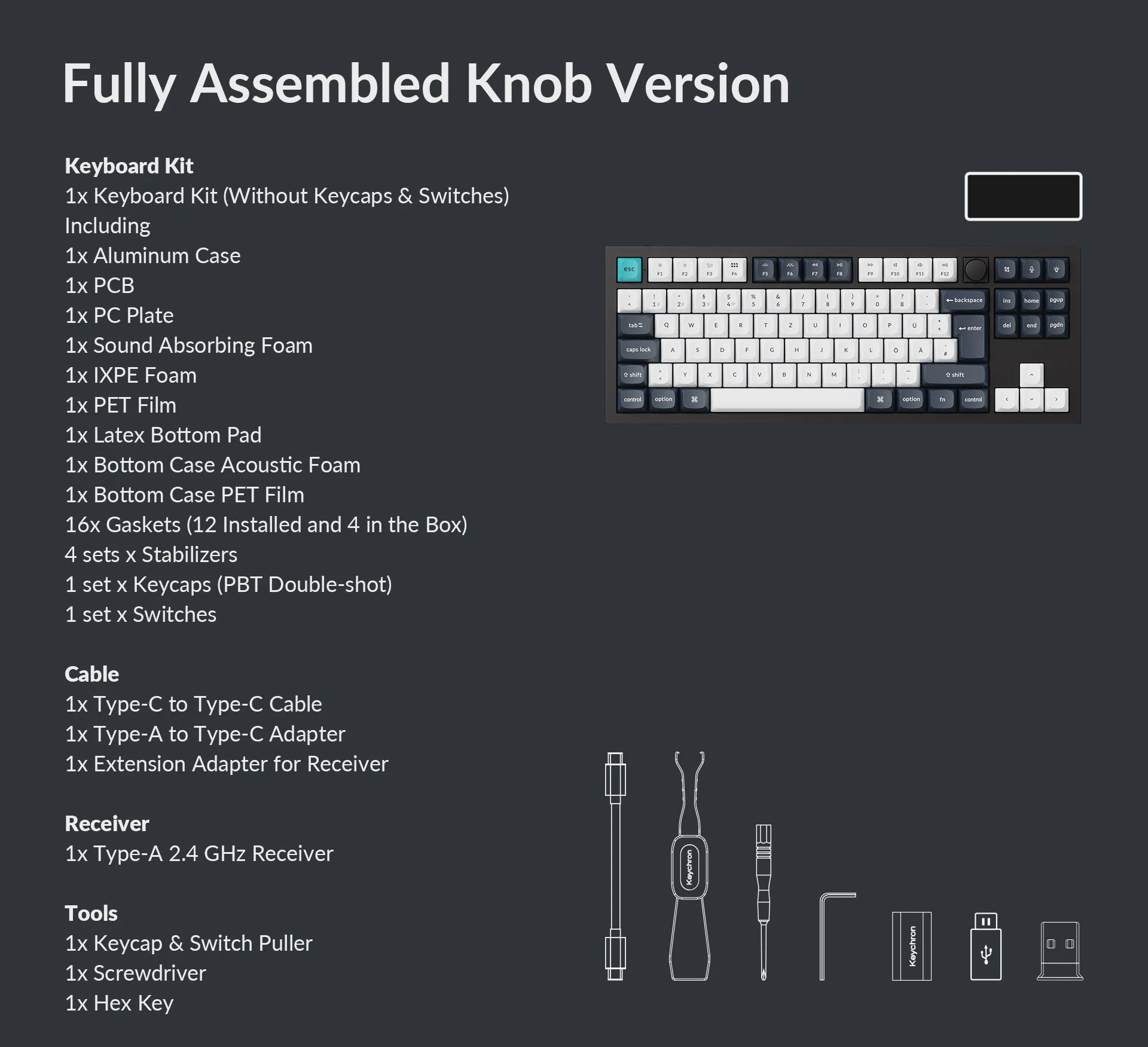 Das Bild zeigt eine Tastatur, eine Teileliste und Werkzeuge. Die Tastatur ist schwarz und weiß. Werkzeuge sind weiß umrandet.