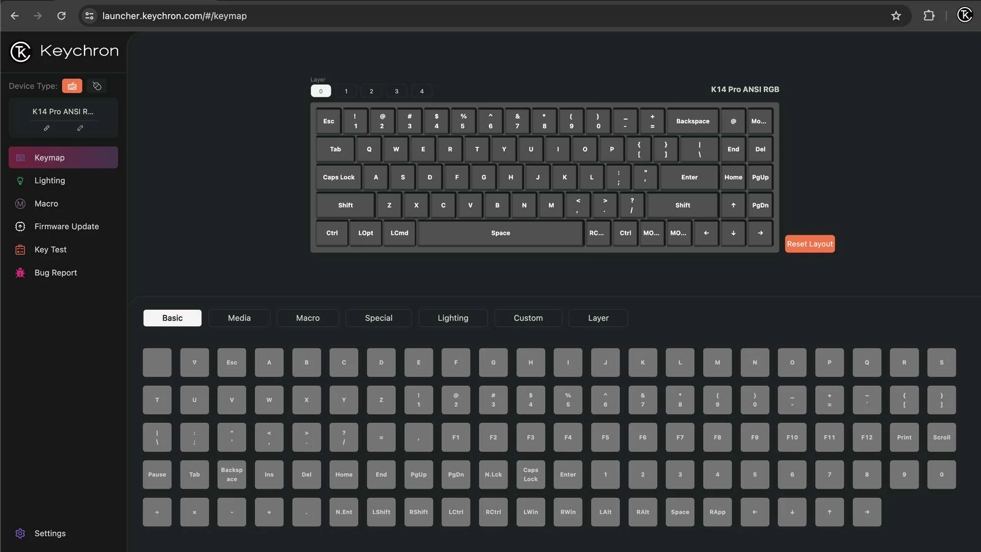 Screenshot einer Tastaturlayout-Oberfläche. Zeigt Tasten, Funktionen und Einstellungen. Enthält Ebenen und Anpassungsoptionen.