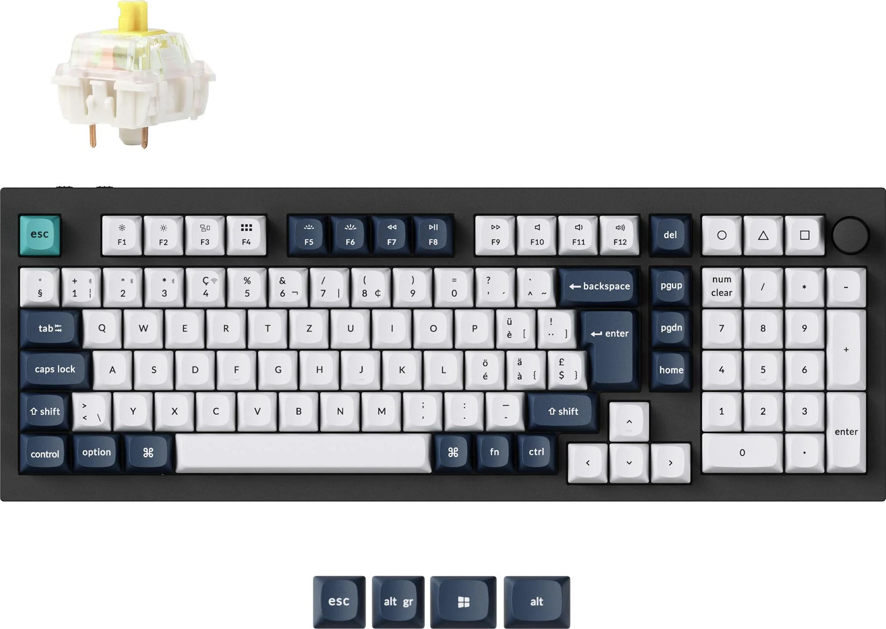 Eine schwarze mechanische Tastatur mit weißen und marineblauen Tastenkappen. Darüber wird ein einzelner Schalter gezeigt.
