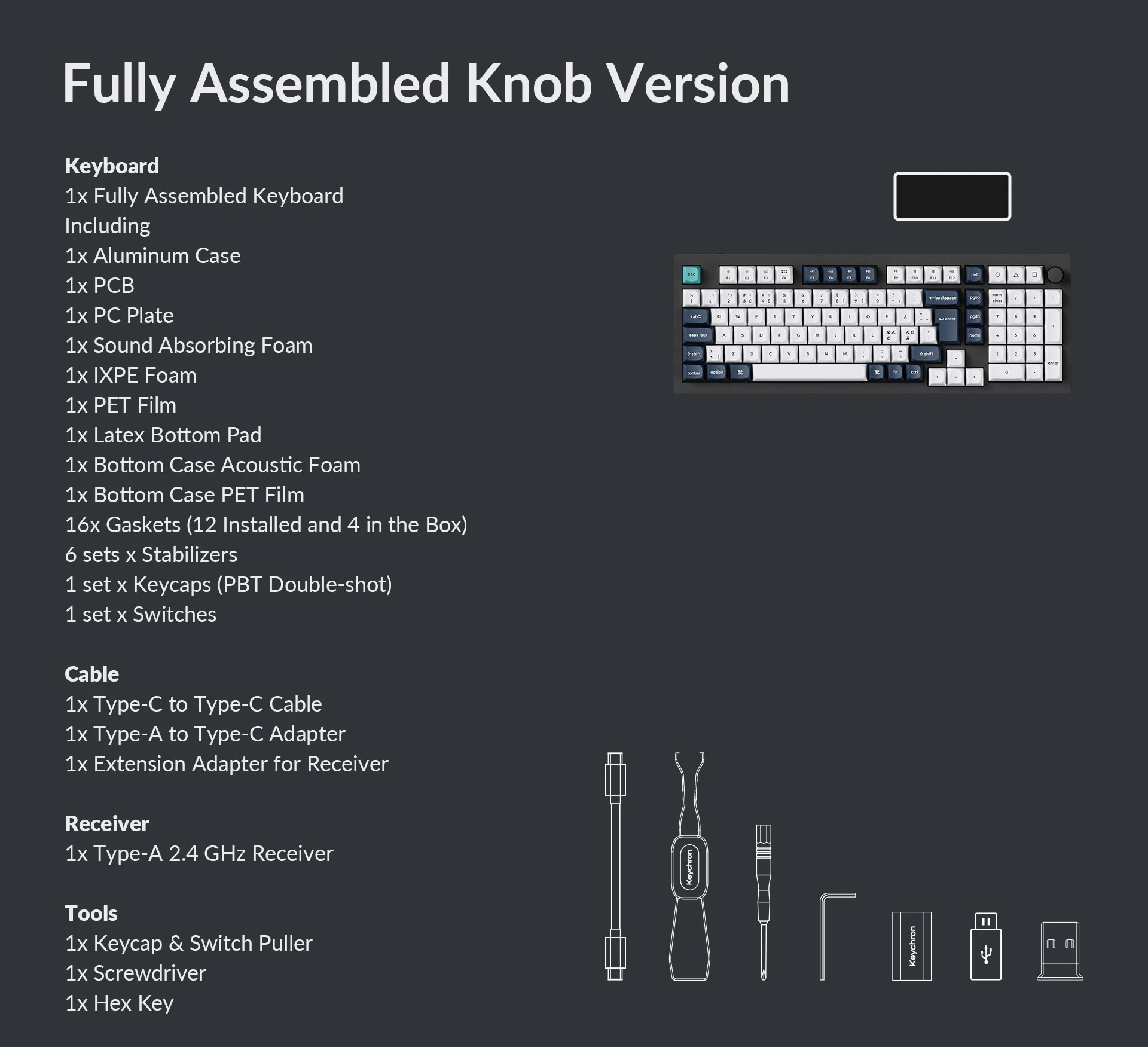 Das Bild zeigt eine voll montierte Tastatur, Komponenten und Werkzeuge. Enthält Kabel, Empfänger, Kappenabzieher, Schraubendreher und Inbusschlüssel.
