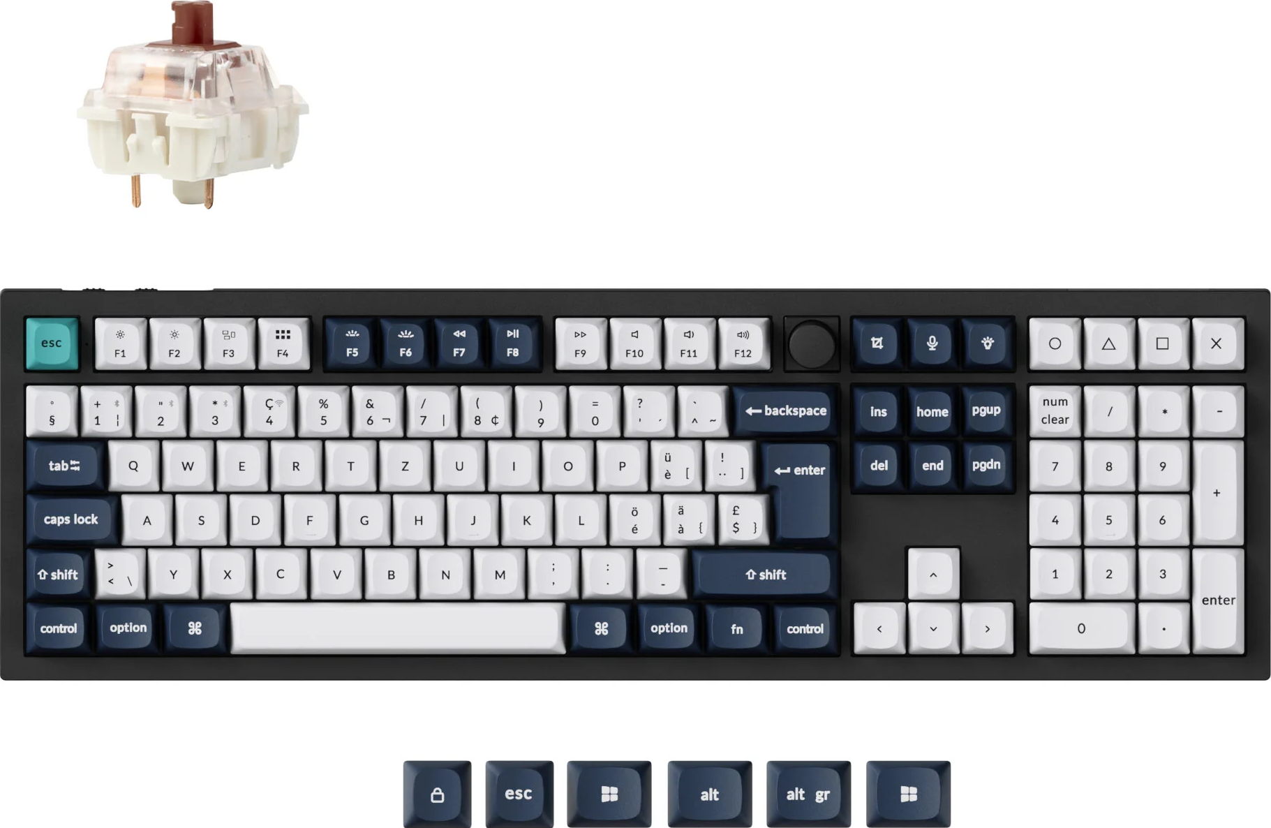Mechanische Tastatur mit weißen und marineblauen Tasten. Ein Schalter ist oben links. Zusätzliche marineblaue Kappen unten.