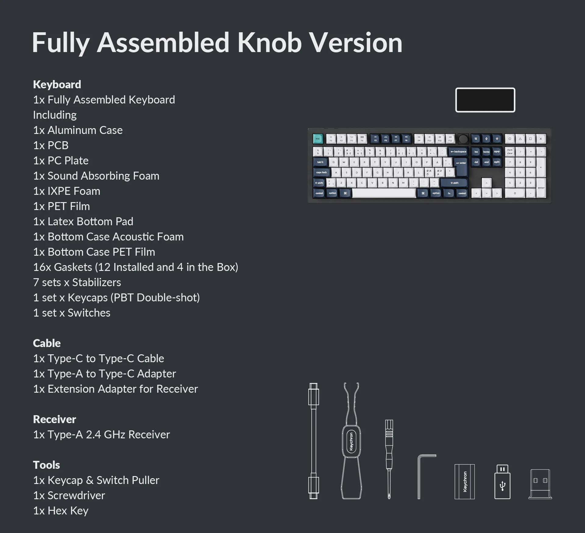 Das Bild zeigt eine vollständig montierte Tastatur mit Komponenten wie einem Aluminiumgehäuse, einer Leiterplatte und verschiedenen Werkzeugen.