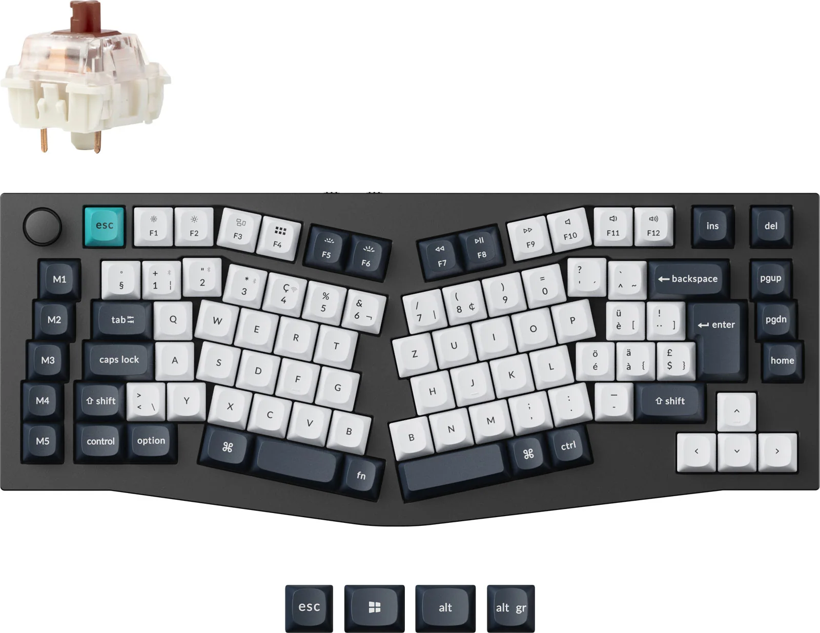 Eine geteilte Tastatur mit einem Schalter oben links. Die Tastatur hat weiße und dunkelgraue Tasten.