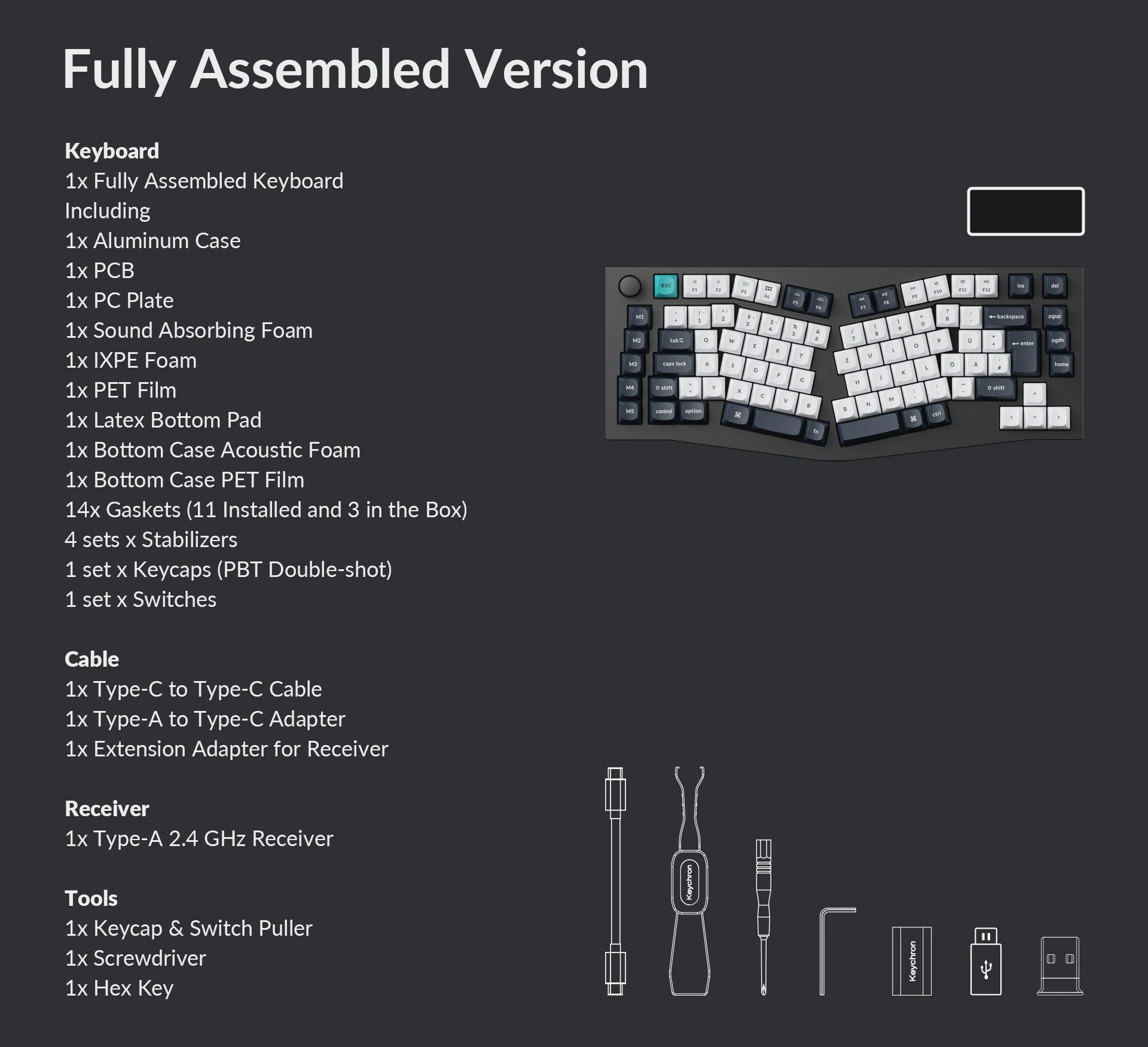 Zusammengebaute Tastatur mit aufgelisteten Komponenten, einschließlich Kabel, Empfänger und Werkzeuge vor dunklem Hintergrund.