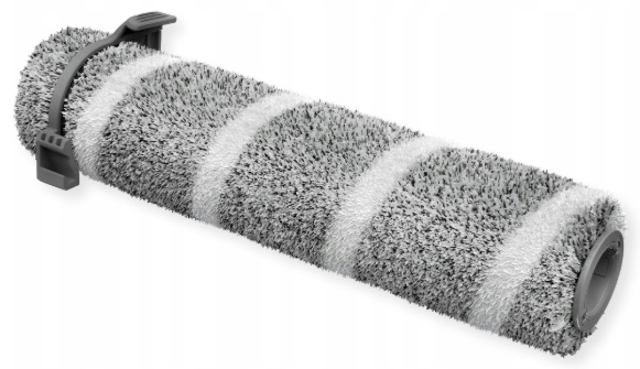 Cylindryczna szaro-biała szczotka do czyszczenia z szarym uchwytem i białymi paskami. Tło jest białe.