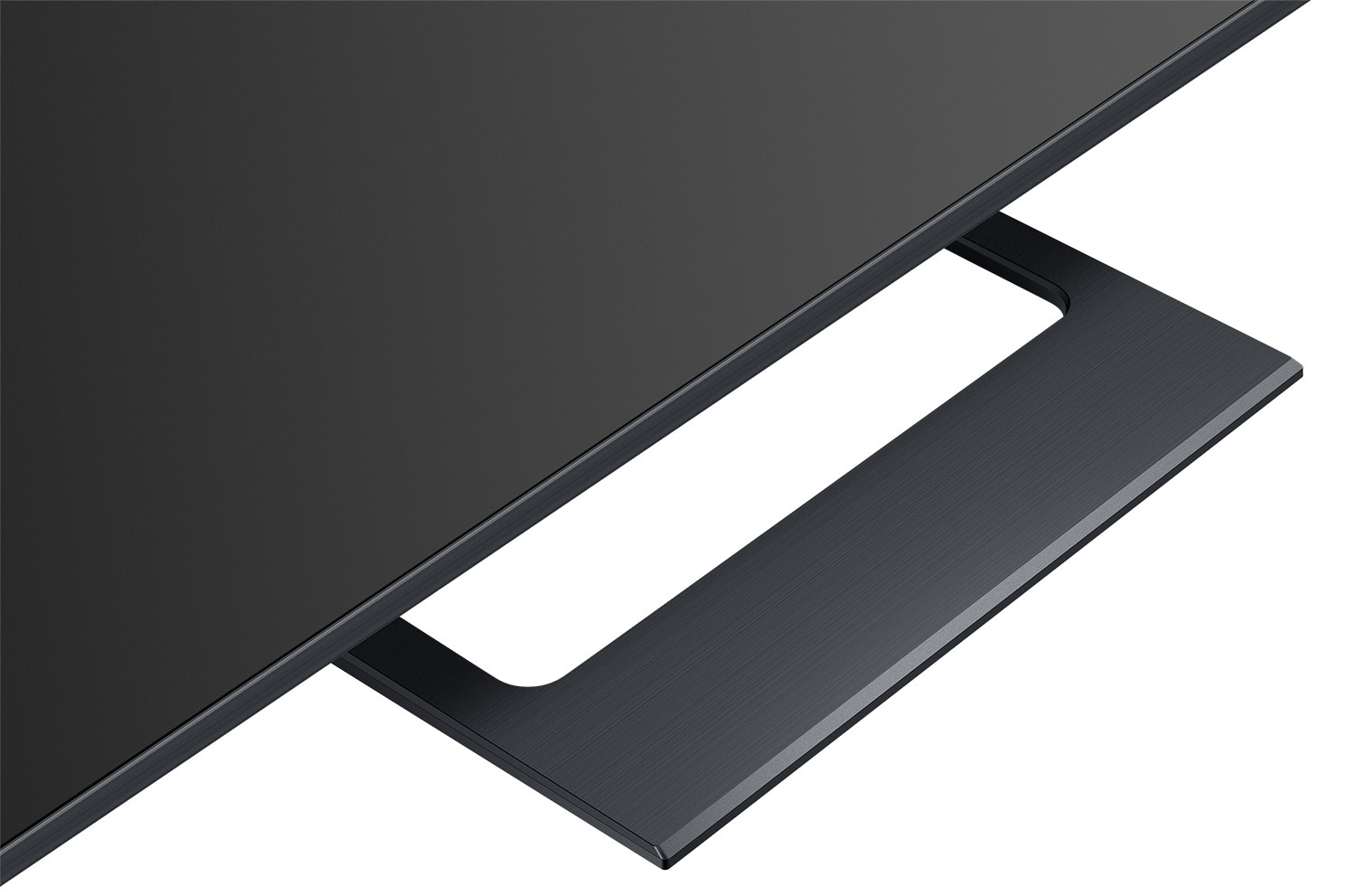 Zbliżenie czarnego telewizora ze stojakiem. Ekran jest czarny. Stojak jest ciemnoszary i ma prostokątny otwór.