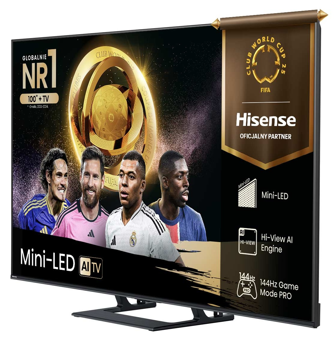 Telewizor Hisense z piłkarzami, logo FIFA i tekstem. Jest napisane Mini-LED, AI TV i 144Hz Game Mode PRO.