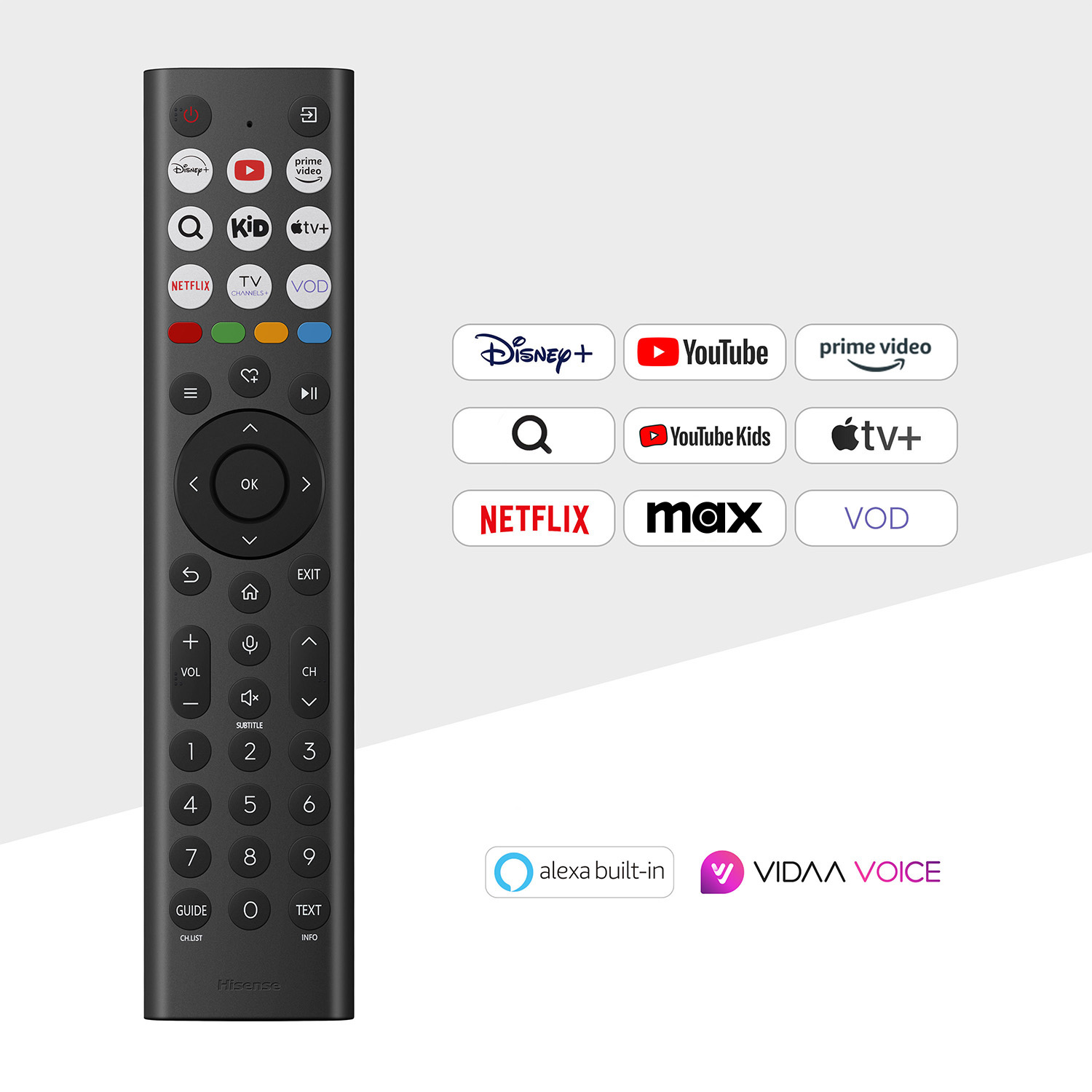 Czarny pilot Hisense. Przyciski obejmują zasilanie, Disney+, YouTube, Netflix i numery. Widoczne logo usług streamingowych.